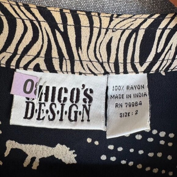 90s Vintage Chico's Black Cream Cave Art Zebra Print Silver Button Front Tunic - Picture 11 of 11